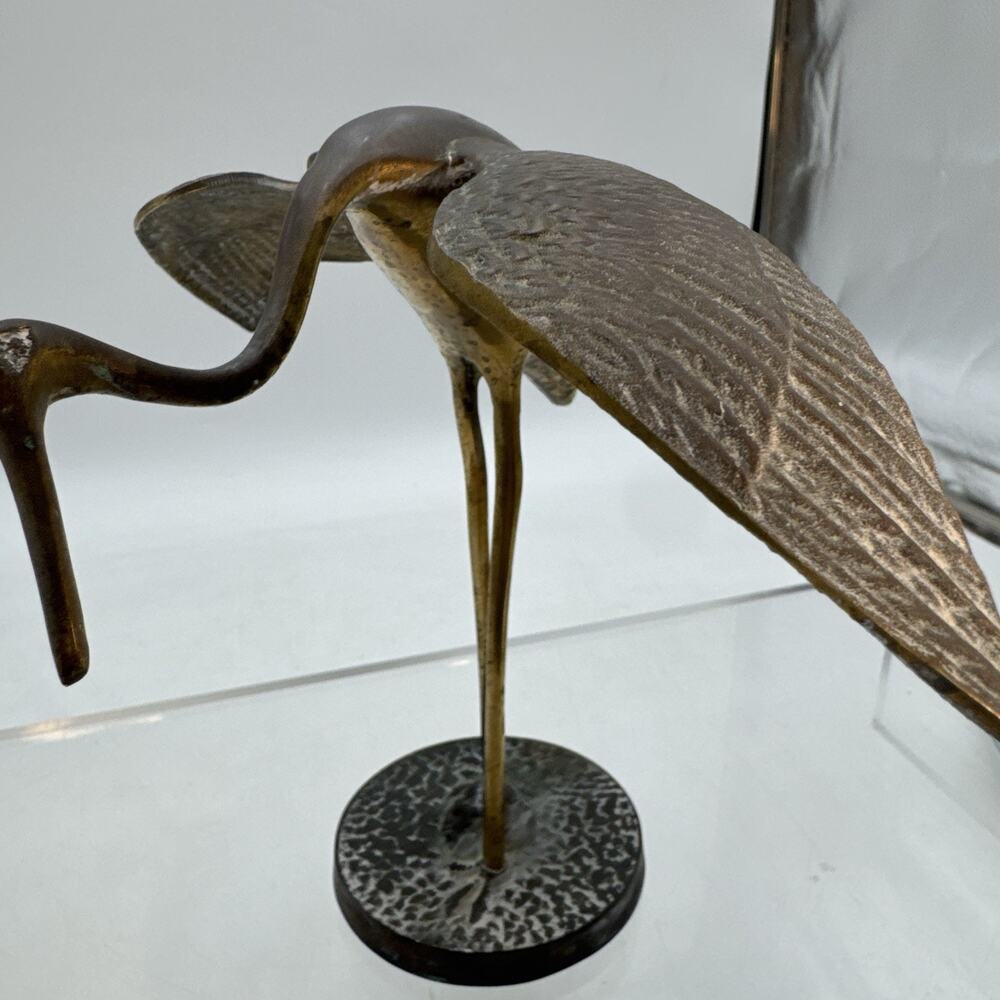 Vintage Solid Brass Mid-Century Crane Egret Stork Heron Bird Figurine 7.5" Tall